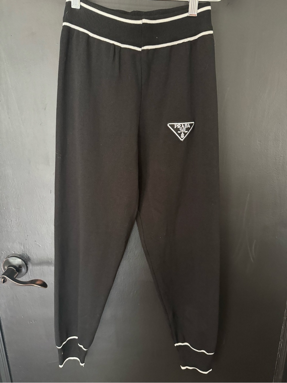 Prada Black Joggers with White Trim and Triangle Patch
